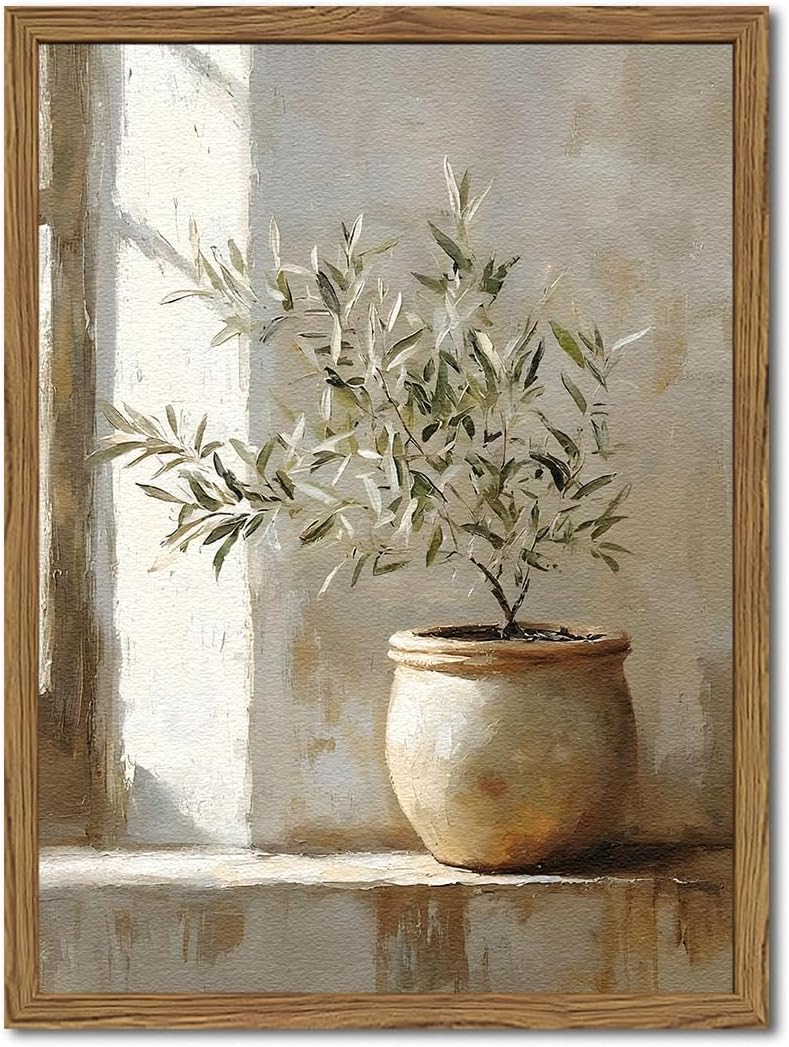 Framed Vintage Olive Tree Wall Art, Textured Sandstone Botanical Pictures Wall Decor, Rustic Neutral Potted Plant Paintings Prints Aesthetic Farmhouse Home Decor for Living Room Bedroom 16x24 inch